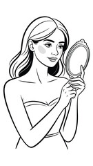 Woman holding hand mirror, beauty and self-care line art illustration isolated Vector