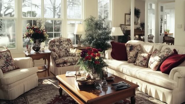 A cozy cape cod living room with floral patterned furniture, a wooden coffee table adorned with flowers, and large windows allowing natural light
