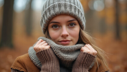 Fototapeta premium Young woman wears knitted hat and scarf in autumn forest. She pulls scarf closer, feeling cold. Seasonal outerwear for fall weather. Cozy warm clothes for outdoor walk.