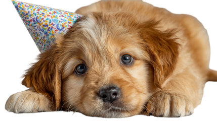 Adorable golden retriever puppy wearing festive birthday hat, perfect for pet lovers and heartwarming celebrations, bringing smiles and joy to any occasion isolated on transparent background