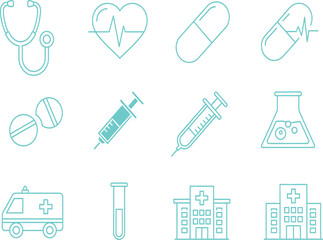 Collection of medical and healthcare icons representing science and research in a clean line art style