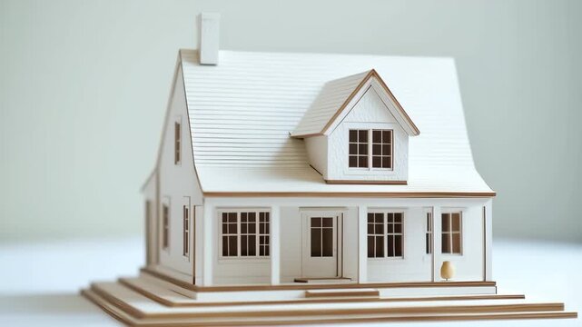 A detailed miniature model of a cape cod house, showcasing a white exterior with wooden accents, featuring windows and a front porch