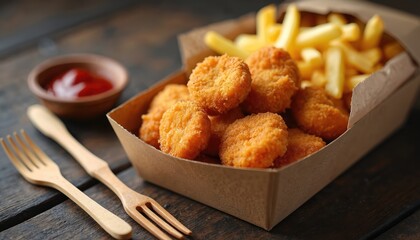 Crispy chicken nuggets and golden fries served in eco friendly cardboard box. Ketchup dip and wooden cutlery on rustic table. Fast food takeaway meal.