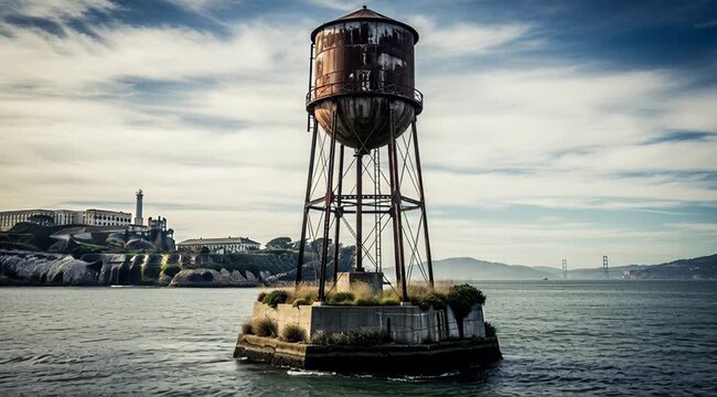 Mysterious Water Tower Standing Guard Near Alcatraz Island, with the Golden Gate Bridge in the