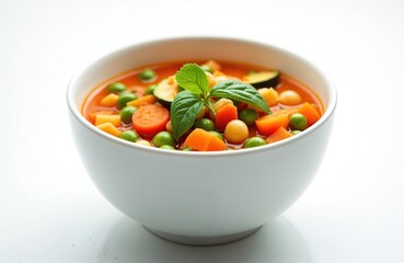 Bright vegetable soup with peas carrots zucchini chickpeas and herbs in white bowl. Delicious healthy vegan meal cooked with fresh ingredients for lunch or dinner.