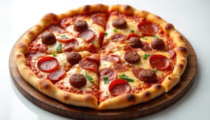Round meat lovers pizza with pepperoni, meatballs, melted cheese and tomato sauce. Golden crust is baked to perfection. Ready to eat delicious meal.