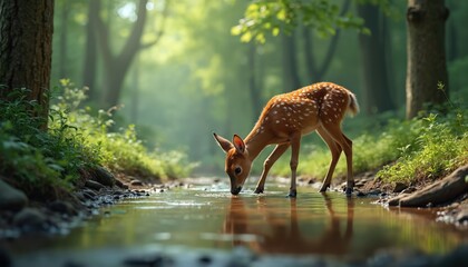 Illustration presents a young deer drinking water in forest. The fawn bends to the stream edge. Green trees create soft background. Sunlight filters through leaves creating peaceful scenery.