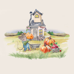 fairy tale house with mouse, autumn season