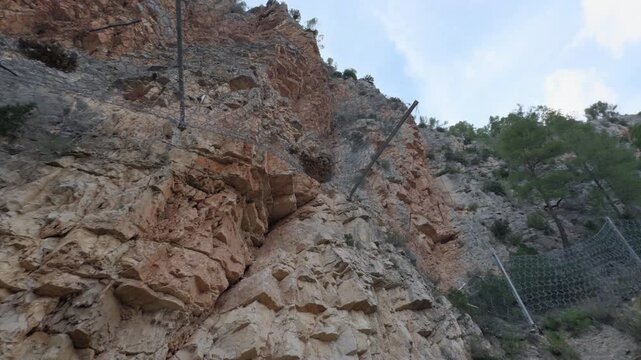 Low-Angle Rocky Cliff With Rockfall Safety Netting