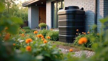 Large black plastic water barrel stands beside modern brick house. Orange flowers bloom near water collection tank in green garden. Sustainable home living uses rain for household needs.
