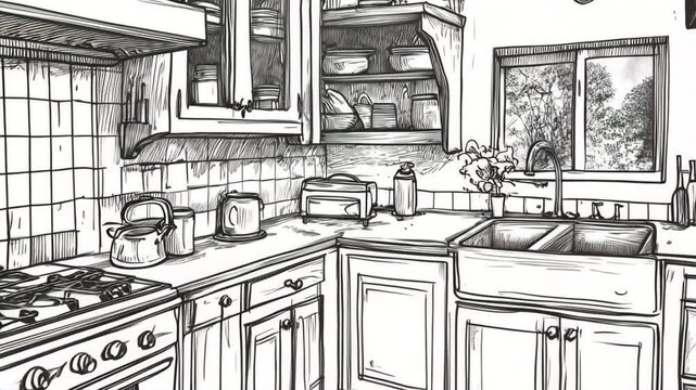 A sketched illustration of a cozy cape cod kitchen featuring a stove, sink, and shelves filled with dishes