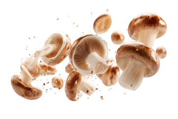 Shiitake mushrooms floating in the air isolated on transparent background