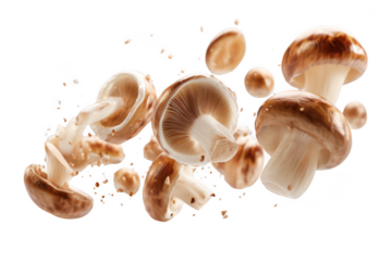 Shiitake mushrooms floating in the air isolated on transparent background