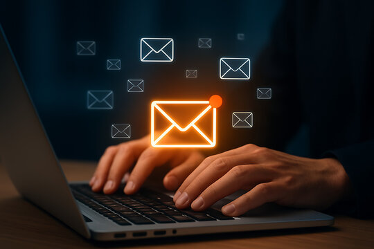 A person's hands are typing on a laptop with a bright glowing new email notification icon surrounded by many smaller floating envelope symbols representing communication or messages