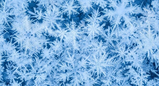 Close up of intricate ice crystal snowflakes on a blue background - Powered by Adobe