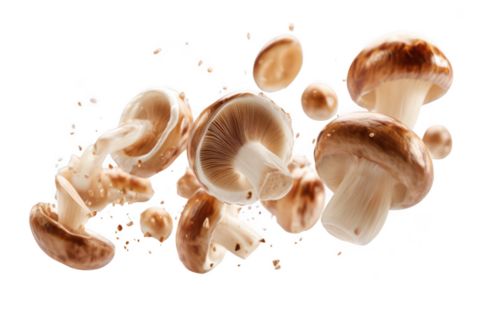 Shiitake mushrooms floating in the air isolated on transparent background