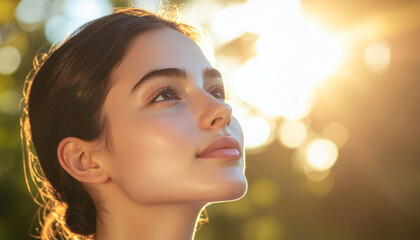 Fototapeta premium Beautiful woman gazing upwards with sunlight illuminating her face, expressing peace and tranquility, perfect for wellness and beauty concepts
