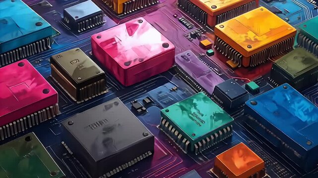 Artistic rendering of colorful computer chips on a complex circuit board pattern