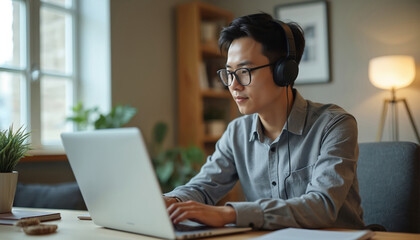Asian man with glasses and headphones types on laptop. He works remotely from home office. Man studies online via computer, engages in virtual meetings, and communicates digitally.