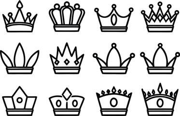 Set of crown icons and symbols, royal emblem collection