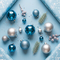 Blue and silver christmas ornaments are arranged on a light blue background