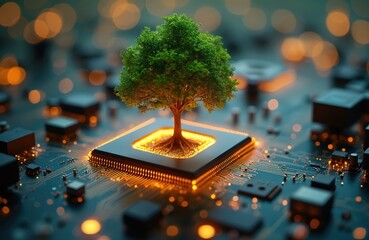 Green tree grows from glowing microchip. Roots spread on circuit board. Technology and nature merge. Digital life cycle on motherboard. Future growth abstract.