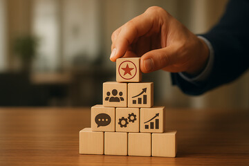 A hand is placing a wooden block with a star on top of a pyramid of business icons representing success, leadership, teamwork, goals, strategy, and achievement