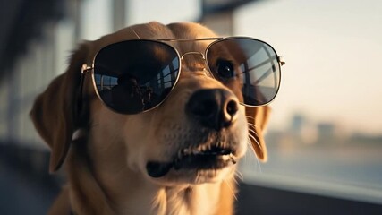 Stylish Golden Retriever Dog in Aviator Sunglasses Looking Out Airport Window at Golden Hour - Powered by Adobe