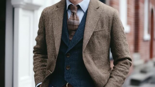 A well-dressed man in a stylish brown tweed blazer, blue vest, and patterned tie, standing confidently outdoors