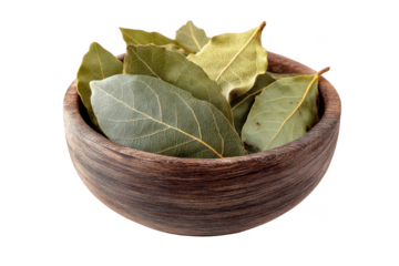 Bay leaf in wooden bowl isolated on transparent background