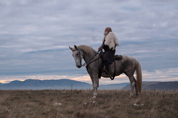 A majestic Viking chieftain on a dappled grey horse, clad in a fur cloak, surveys a desolate, mountainous landscape under a dramatic cloudy sky, exuding power and presence.