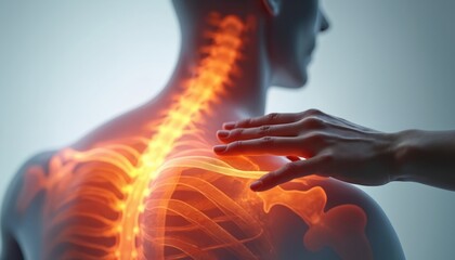 Human spine and shoulder pain visualized with glowing orange overlay. A hand gently touches the affected shoulder joint. Medical concept of injury and healing.