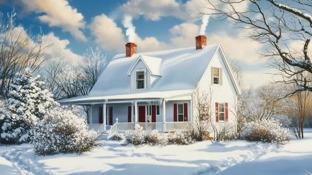 A charming white cape cod house covered in snow, surrounded by trees and bushes, with smoke rising from the chimney, under a blue sky with fluffy clouds