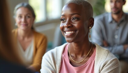 Diverse group of adults gather indoors for support meeting. Smiling Black woman with short hair listens actively, showing resilience. People share experiences, find community, hope, strength together