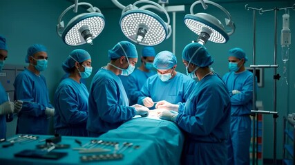 Surgeons collaborate in a critical operation, showcasing teamwork and precision in a modern medical facility - Powered by Adobe