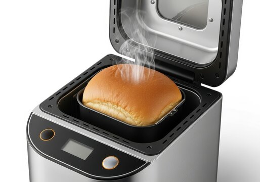 Freshly baked loaf of bread steaming inside an automatic kitchen appliance