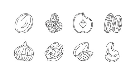 Hand drawn sketch collection of various dried fruits and nuts silhouette