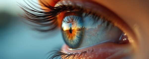 Human eye reflects city skyline at sunset. Detailed iris shows urban landscape. Vision concept represents looking towards future and possibilities.
