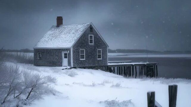 A solitary wooden cape cod house on a snowy shore, surrounded by a calm water body, under a gray sky with falling snowflakes