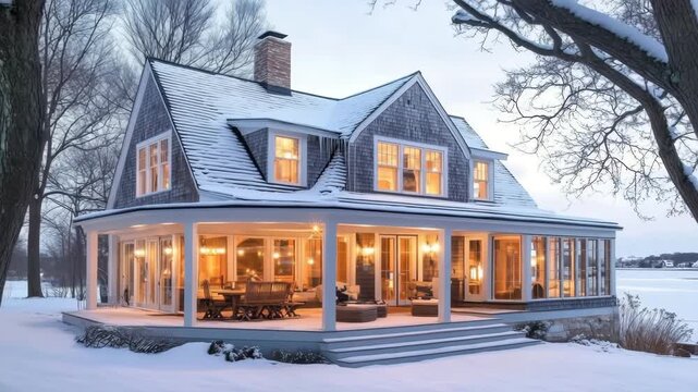 A cozy cape cod house in winter, surrounded by snow, featuring large windows and warm lights glowing from inside, creating a welcoming atmosphere