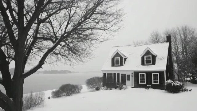 A cozy black and white cape cod house in a snowy landscape, surrounded by bare trees and a serene lake in the background