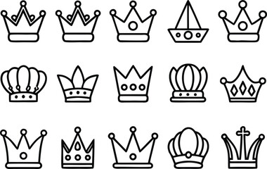 Collection of crown icons in a line art style for royalty and leadership