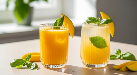 Refreshing Mango Basil Drinks with Ice Cubes on a Sunny Table.