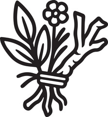 Obraz premium A meticulously illustrated bundle of leaves, flower, and a branch tied together with a ribbon or band. 