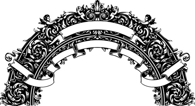 Elegant ornate scrollwork archway with banners creates a vintage decorative flourish for timeless design projects and classic invitations