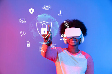 Explore the intersection of technology and security as a young woman interacts with digital cybersecurity icons in a vibrant virtual environment. XDMCP