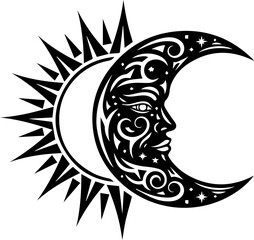 Mystical celestial face adorns crescent moon against radiant sunburst, symbolizing duality, night, day, and cosmic wonder for unique design projects.