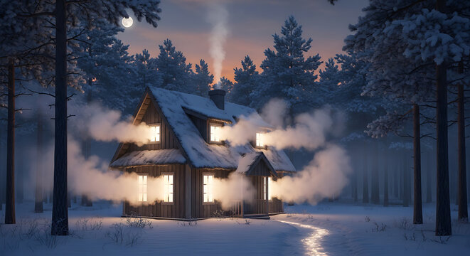 Cozy winter cabin glows warmly amidst snow-covered pines under a full moon