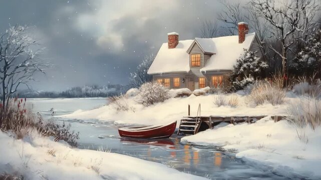 A cozy winter scene featuring a snow-covered cape cod house by a river, with a small red boat docked nearby, surrounded by trees and a serene landscape