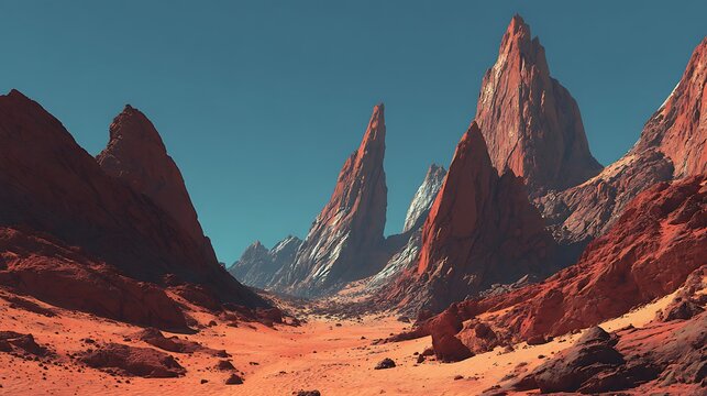 Dramatic panorama of arid Martian landscape with towering rock formations